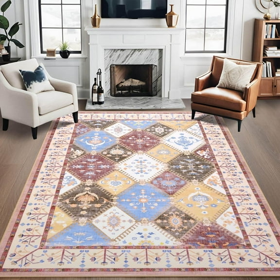 Jamfeel Boho Rugs for Living Room Floral Printed Area Rugs Soft Low Pile Carpet for Bedroom Kitchen Brown 5'x8'