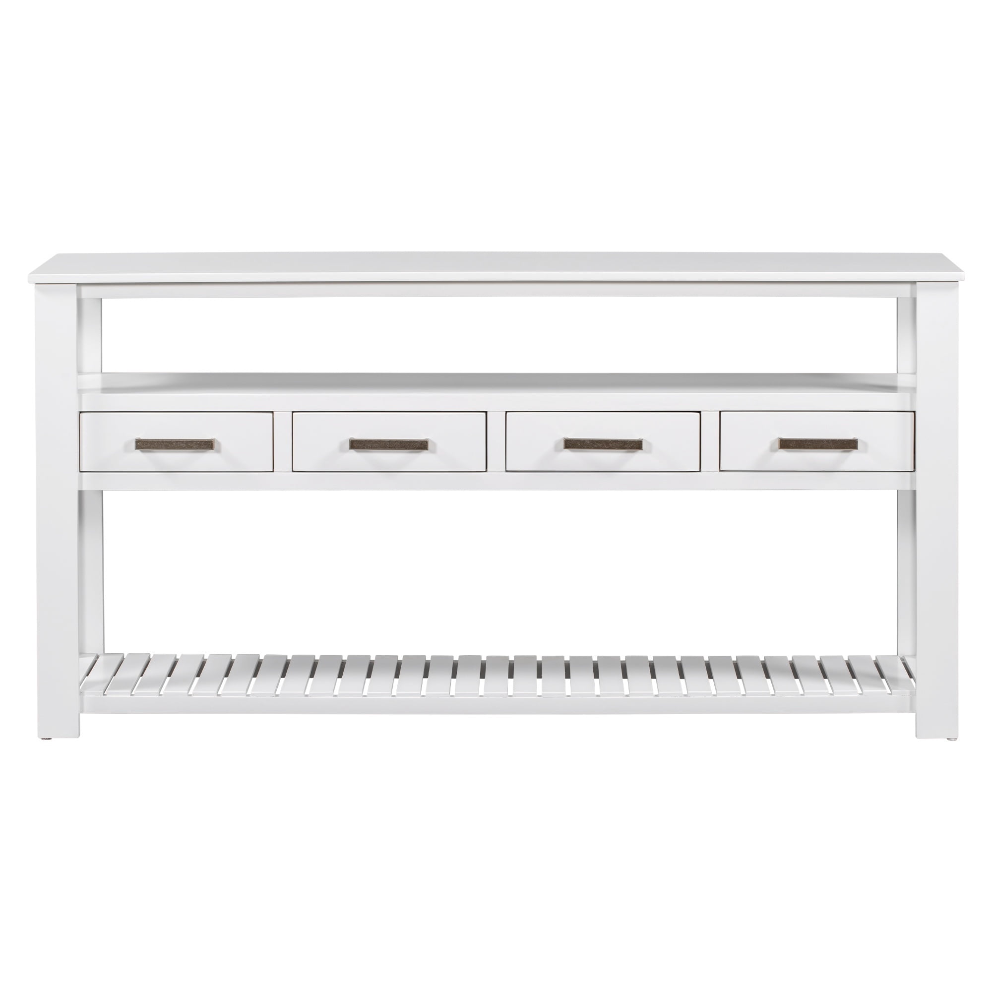 3-Tier Storage Console Table with 4-Drawer, Long Entryway Cabinet DisplayTable with Open Shelf, Versatile Sofa Table with Pine Legs