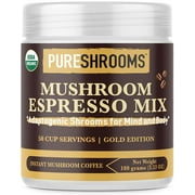 PureShrooms Adaptogenic Espresso Mushroom Coffee Mix with Lion's Mane, Reishi, Cordyceps. Energy, Performance, Focus, Immunity. (Adaptogenic Espresso, 50 SERVINGS, 100 grams)