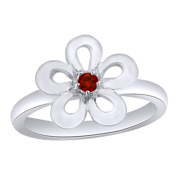 AFFY Round Simulated Garnet Flower Ring in 14k White Gold Over Sterling Silver Ring Size - 4