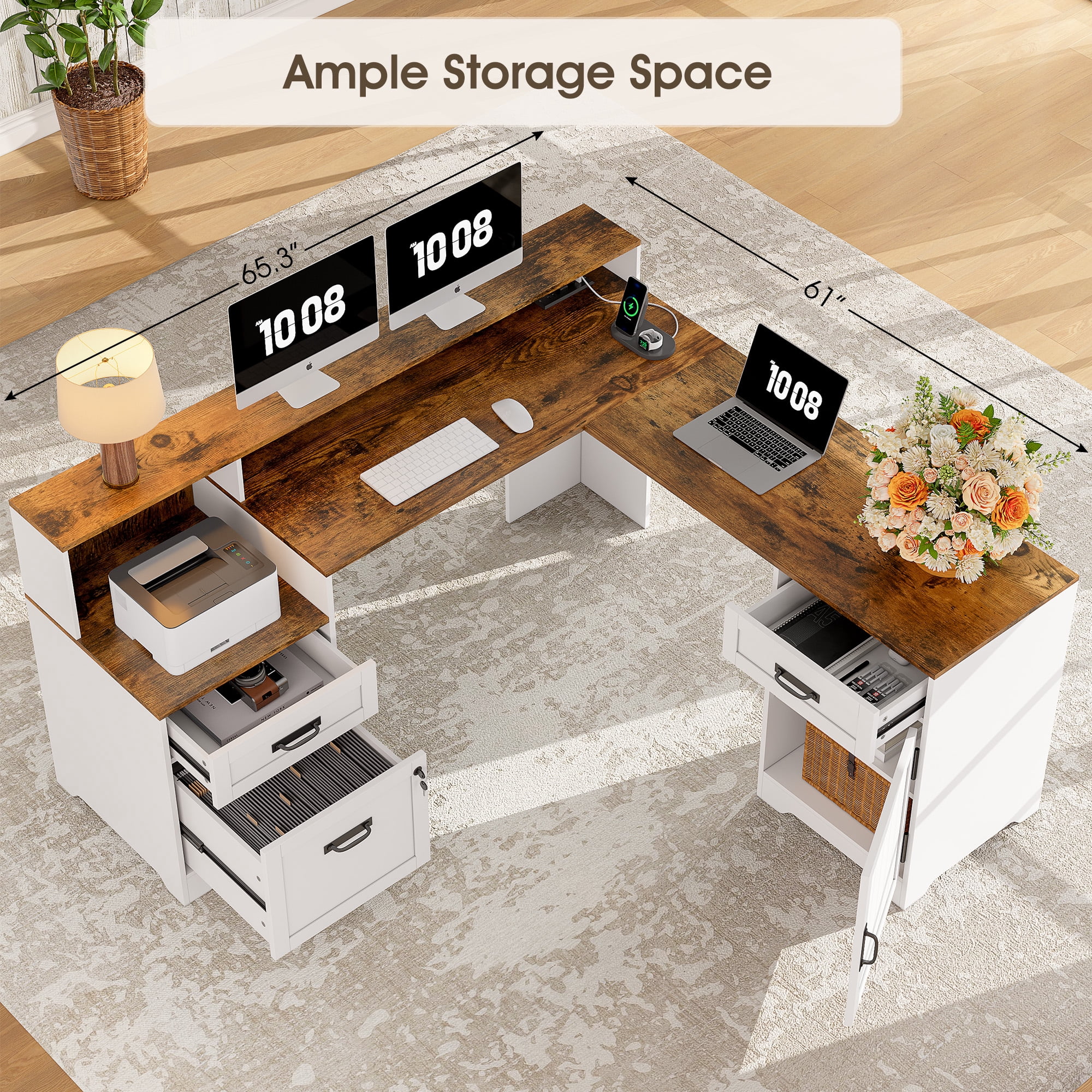 63'' Farmhouse L Shaped Desk with Drawers, Corner Computer Desk with Monitor Stand for Home Office, White