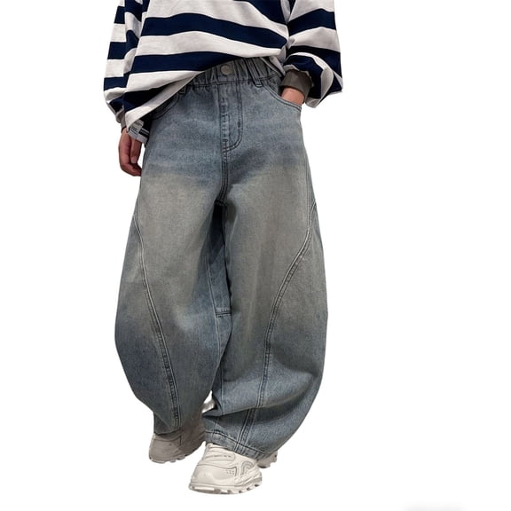 CAIXIA Boys Jeans Baggy Wide Leg Denim Pants Teen Fashion Casual School Trousers Mid Rise Elastic Band with Pockets for Back To School