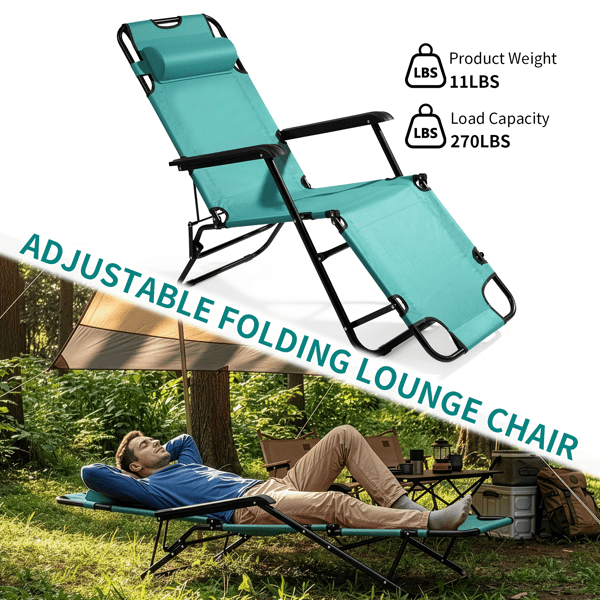 Folding Recliner Chair, Portable Extendable Folding Reclining Chairs for Indoor Outdoor, Green