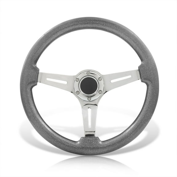 AJP Distributors Universal 350mm 14" 6 Bolt Hole Heavy Duty Steel Steering Wheel Metallic Gunmetal Gray Wood Chrome Deep Dish 3 Spoke Light Weight  Horn Button Replacement JDM Sport