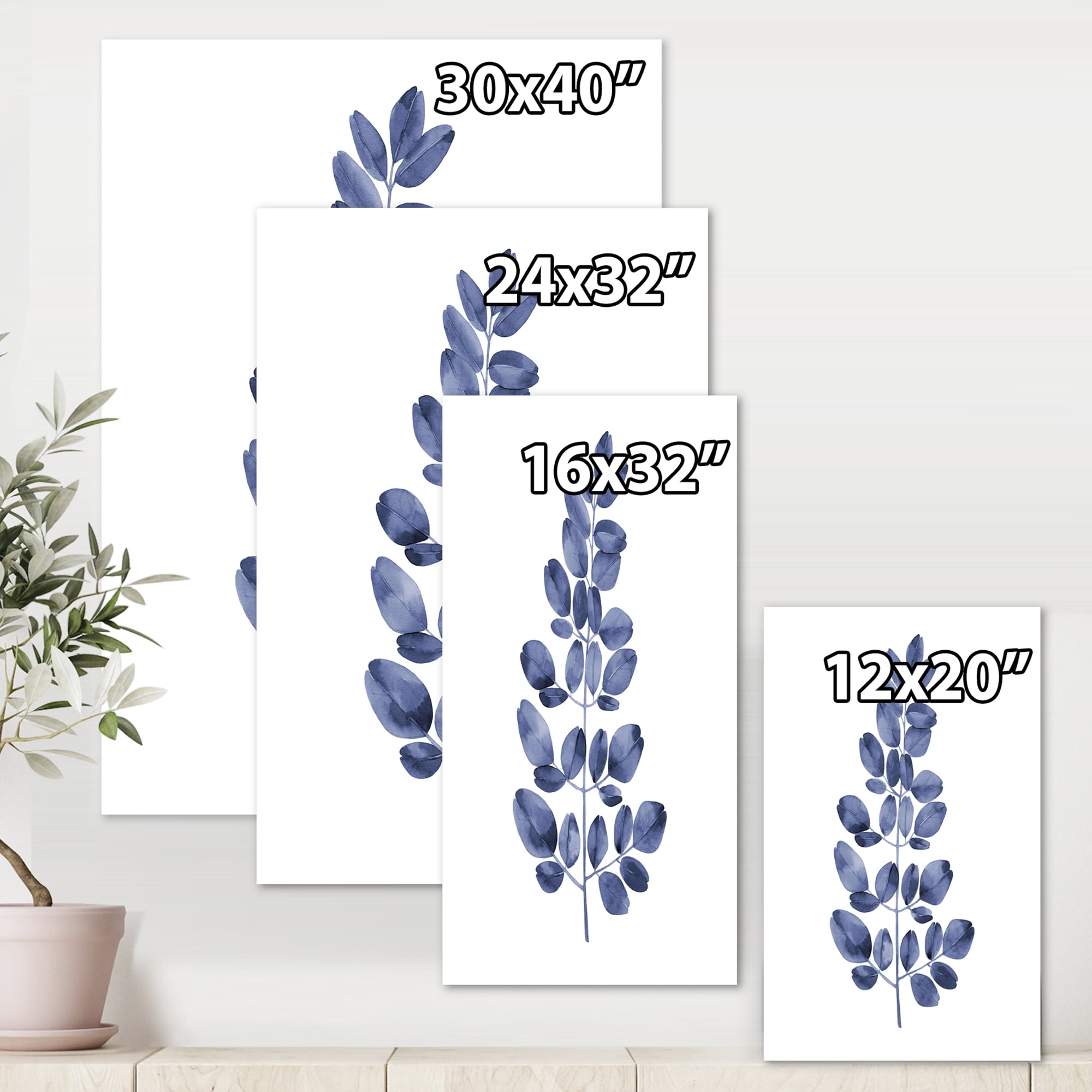 Designart ' Navy Blue Eucalyptus On White ' Traditional Canvas Wall Art Print