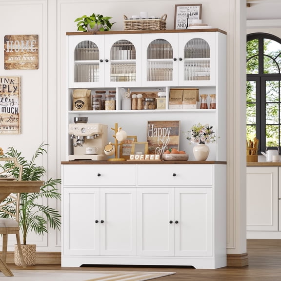 Hiphuta 71" Tall Pantry Cabinet with Arched Glass Doors, 47" Wide Kitchen Storage Cabinet with Microwave Stand & Charging Station, Hutch Cupboard for Kitchen Dining Room, White