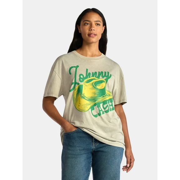 Johnny Cash Women's Front Back Graphic Tee with Short Sleeves, Sizes XXS-XXL