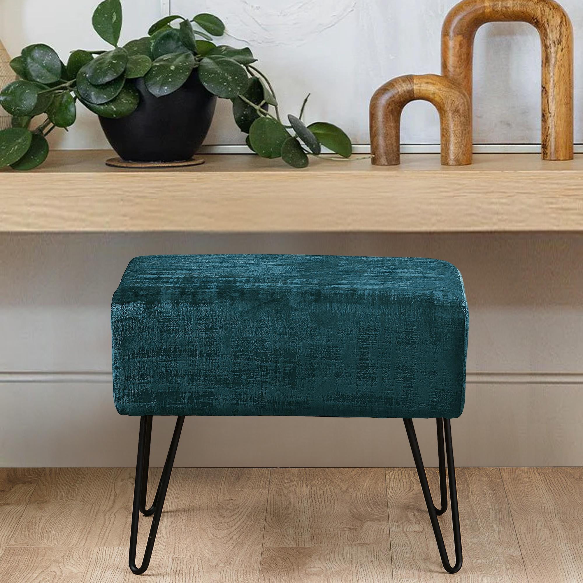 Home Soft Things Textured Velvet Ottoman Stool Chair, Upholstered Footrest with Black Metal Legs, Deep Teal, 19" x 13" x 17"