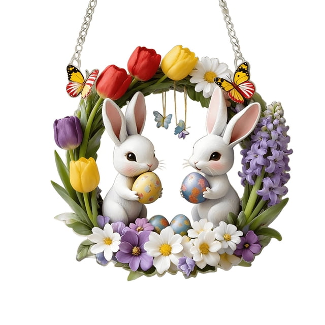 Coronas de Puerta de Primavera para la Puerta Delantera Afuera con Conejos, Huevos Y Flores - Corona Decorativa de 20 cm para la Decoración de la Fiesta de Pascua de la Ventana de la Pared