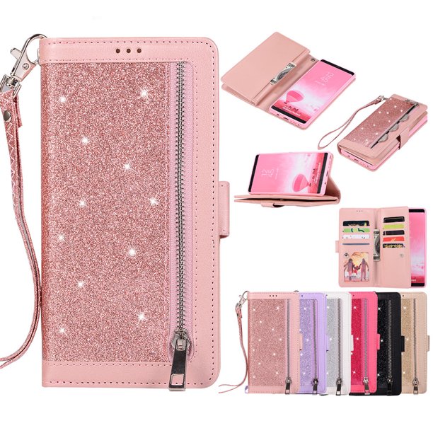 For Iphone 11 Pro Max Leather Case Wallet Stand Zipper Pink Bling 3 Card Slots Rose Gold Walmart Com