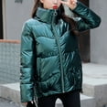 thumbnail image 2 of Hvyesh Winter Shiny Puffer Jacket for Women Zipper Stand Collar Padded Jackets Warm Long Sleeve Coats Outwear Loose Windproof Puffer Coats, 2 of 7