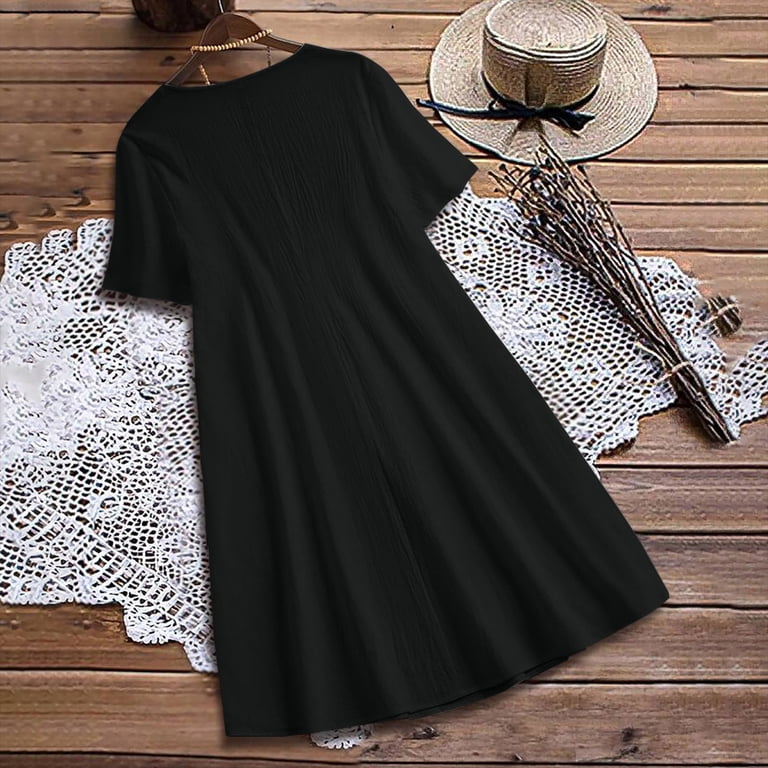 Uppada Women's Summer Button Down Shirt Dress Casual Ruffle Sleeve Shift Mini Dresses with Pockets Drop Waist Tunic Shirt Dress Black,S