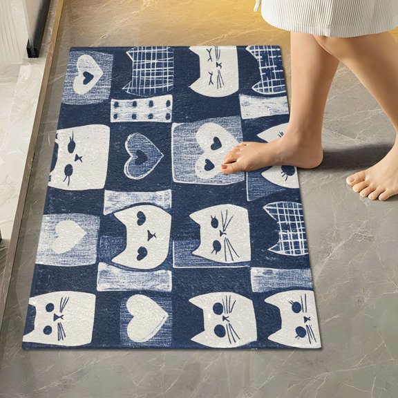 Yayeee Bath Rug for Bathroom Floor Non Slip Rectangle Fluffy Soft Absorbent Mat, 16"x24", Blue Cats and Hearts