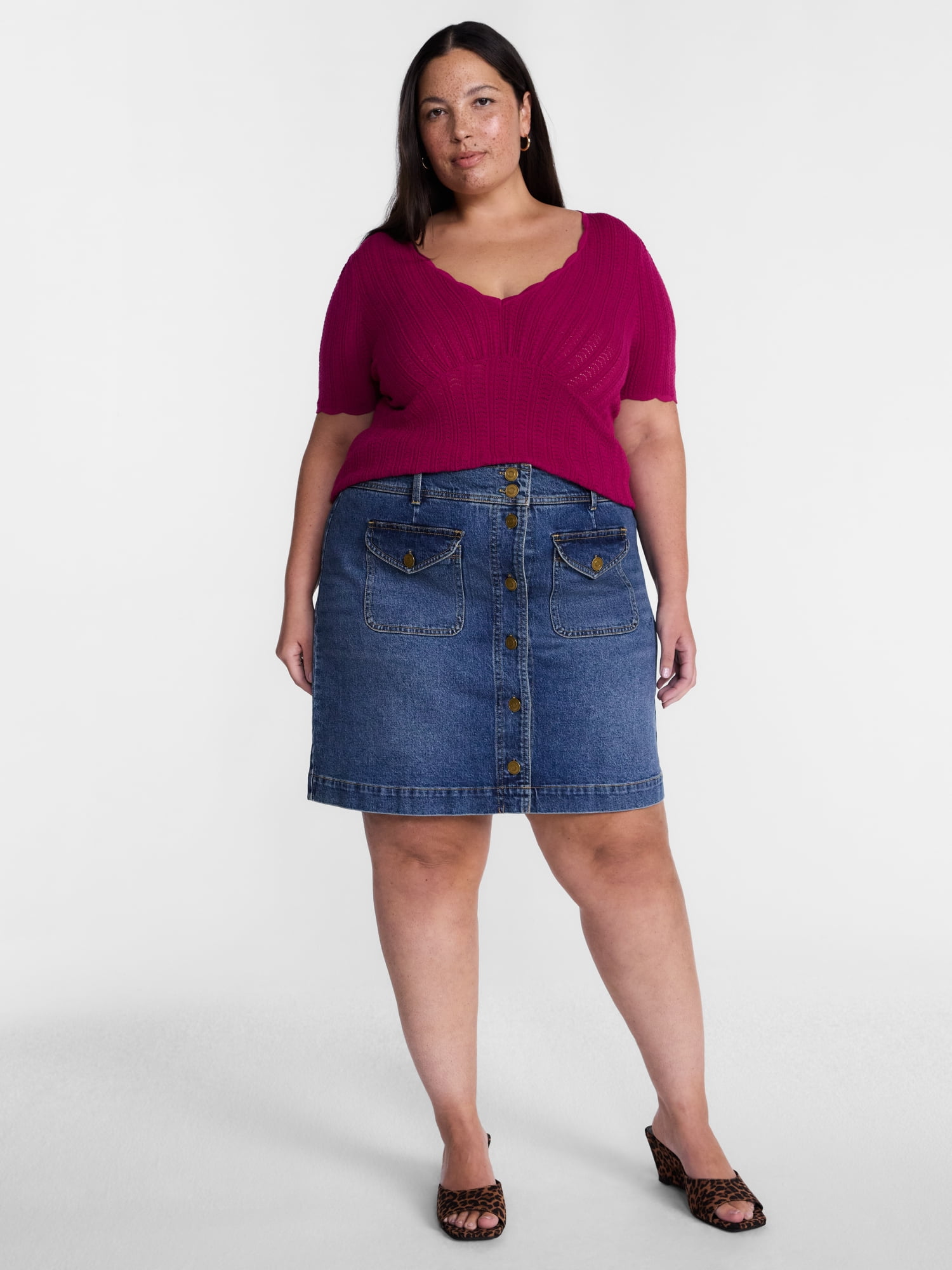 Terra & Sky Women's Plus Pointelle Sweater Top with Short Sleeves, Midweight, Sizes 0X-5X