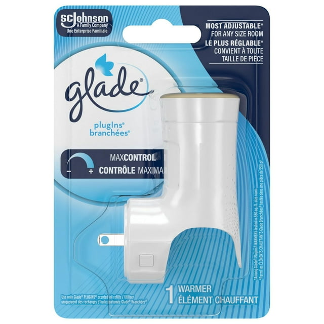 Glade Plugins air freshener oil refill warmer with max control adjustable scent for any room size in blue and white packaging