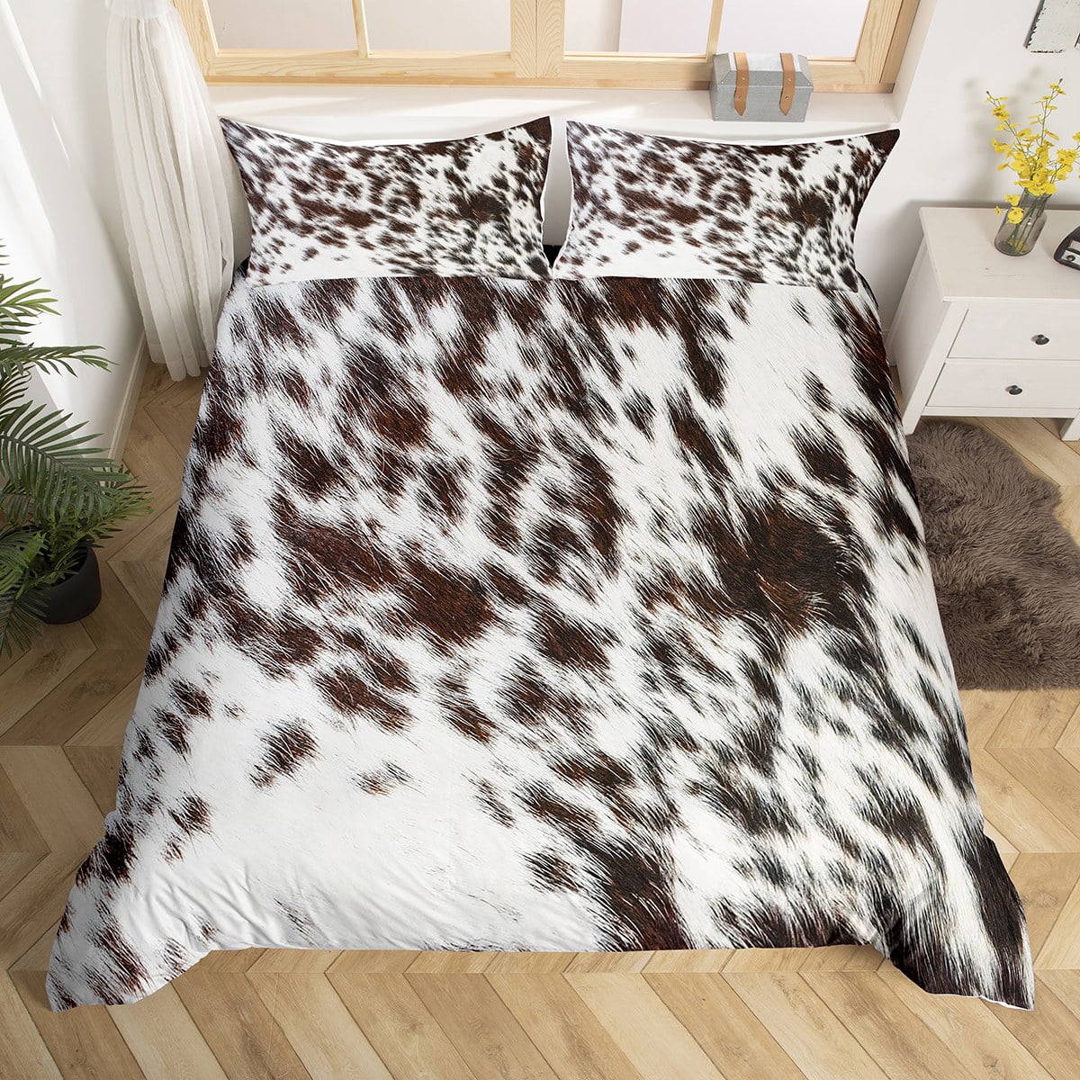 Cow Print Bedding Set Cowhide Comforter Cover Western Brown FauxColor