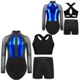 thumbnail image 5 of Aiihoo Kids Girls Gymnastics Ballet Dance Mesh Long Sleeve Shiny Rhinestones Leotard with Vest Shorts for Training Performance Blue 12, 5 of 5