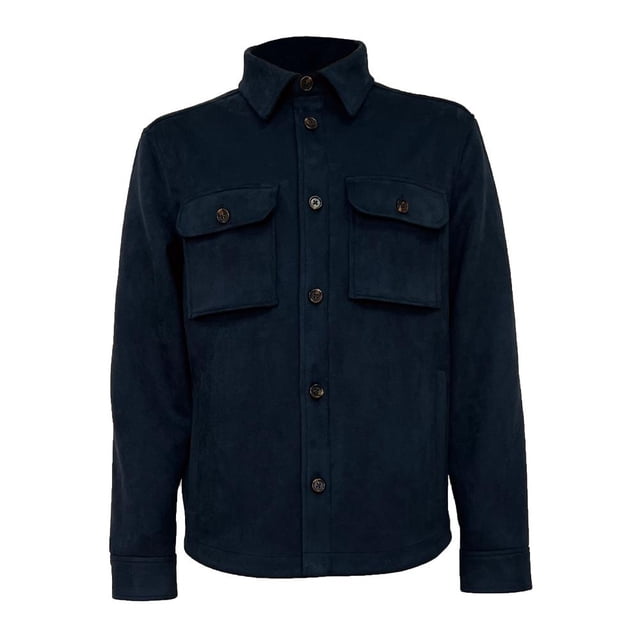 Chamarra George para Hombre azul de corte clásico con cuello sport y diseño liso en tela suede resistente. Cuenta con botones frontales y dos bolsillos delanteros con solapa y botón para guardar objetos. Ideal para mantener comodidad y abrigo en otoño e invierno, adecuada para uso diario y ocasiones casuales o semi formales.