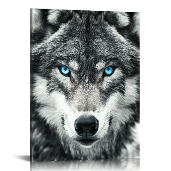 Autua Wolf Canvas Wall Art Wildlife Wall Painting Black & White Wolf Blue Eyes Wall Decoration Animal Wall Canvas Painting Easy to Hange 12x16 in