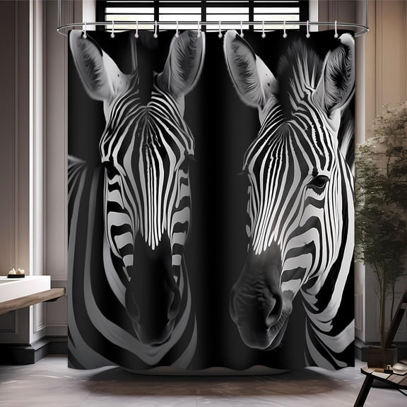 Zebra Shower Curtain Funny Modern Minimalist Black Back Ground Animal Bath Shower Curtain Wild Animal Black and White Striped Bath Decor Set with 12 Hooks 72X72 Inches