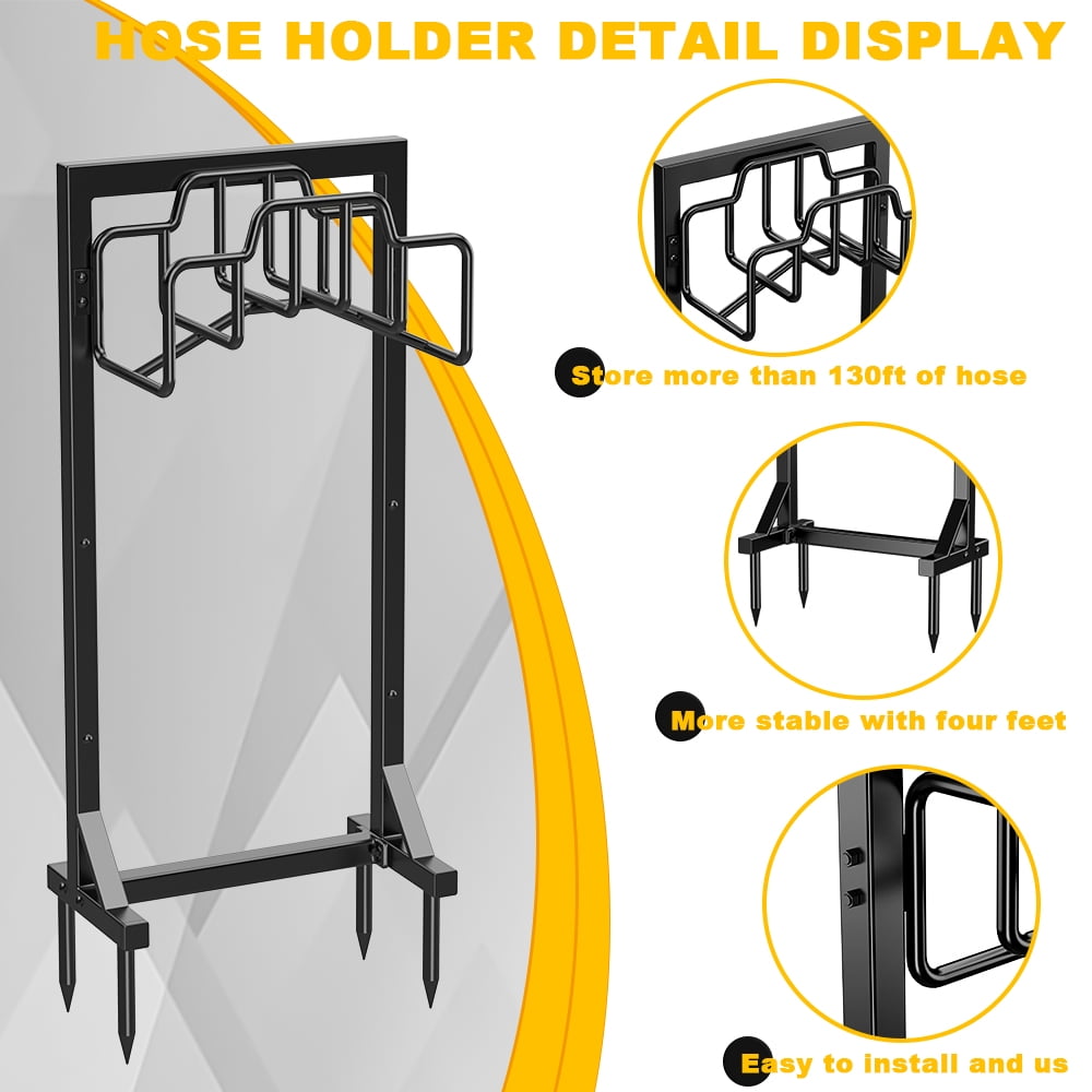 Garden Hose Reel Holder – Detachable Heavy Duty Metal Water Hose Hanger Stand, Free-Standing Organizer, Black