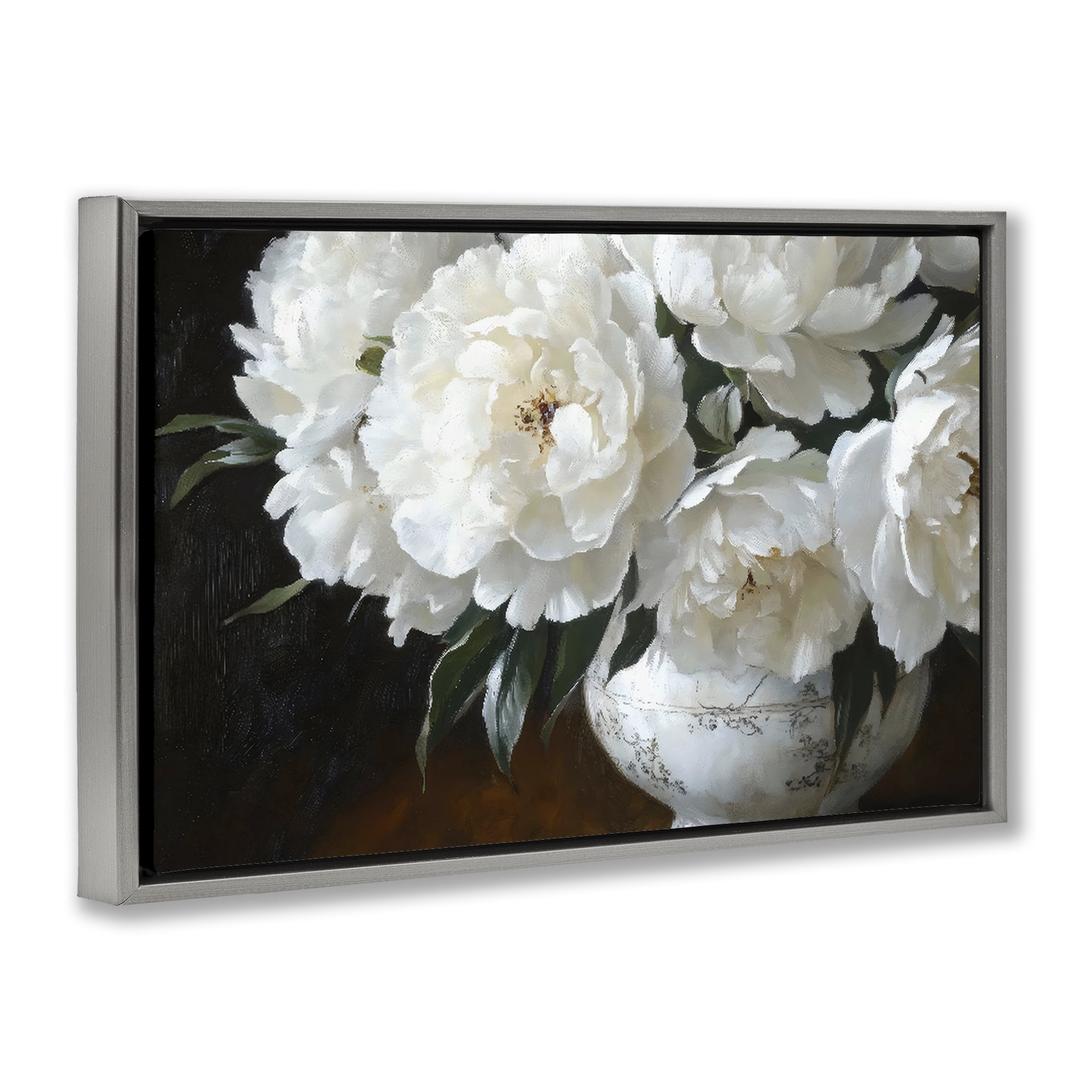 Stupell Industries White Flowers in Vintage Vase Gray Framed Floater Canvas Wall Art, design by Petal Prints Design