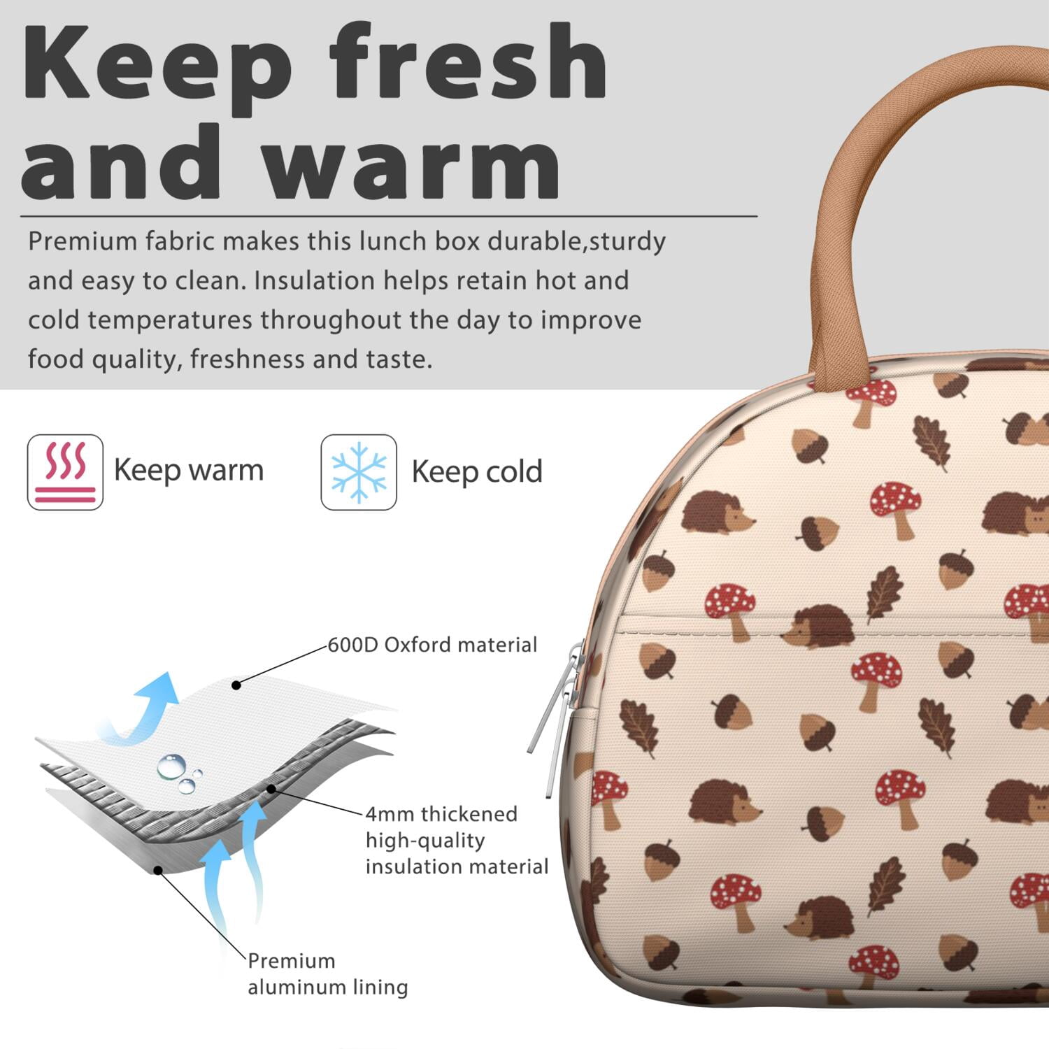 Vintage Mushroom Lunch Box – Reusable Insulated Bag with Botanical Fungi Design, Ideal for Work or Outdoors