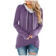 thumbnail image 2 of Women's Fashionable Solid Color Long Sleeved Loose Pile Neck Hooded Sweatshirt Top, Asymmetric Hem Fall Winter Fashion with Soft Material for Stylish Outfits,Purple,3XL, 2 of 6