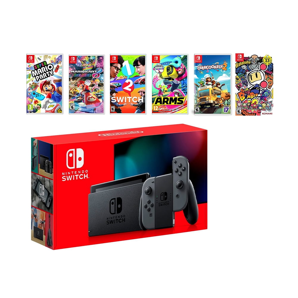 eetlust Harnas heelal 2019 New Nintendo Switch Gray Joy-Con Console Multiplayer Party Game  Bundle, Super Mario Party, Mario Kart 8 Deluxe, 1-2 Switch, Arms, Overcooked  2, Super Bomberman R - Walmart.com