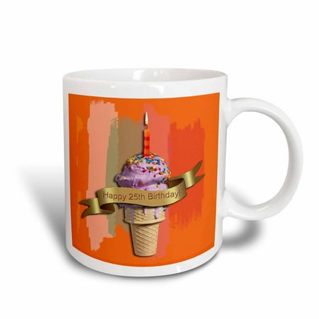 3dRose Happy 25th Birthday, Strawberry Ice Cream Cone on Abstract, Orange, Ceramic Mug,