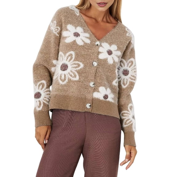 Women'S Floral Print Button Down Cardigan V Neck Drop Shoulder Knit Outerwear Deep Khaki XXL