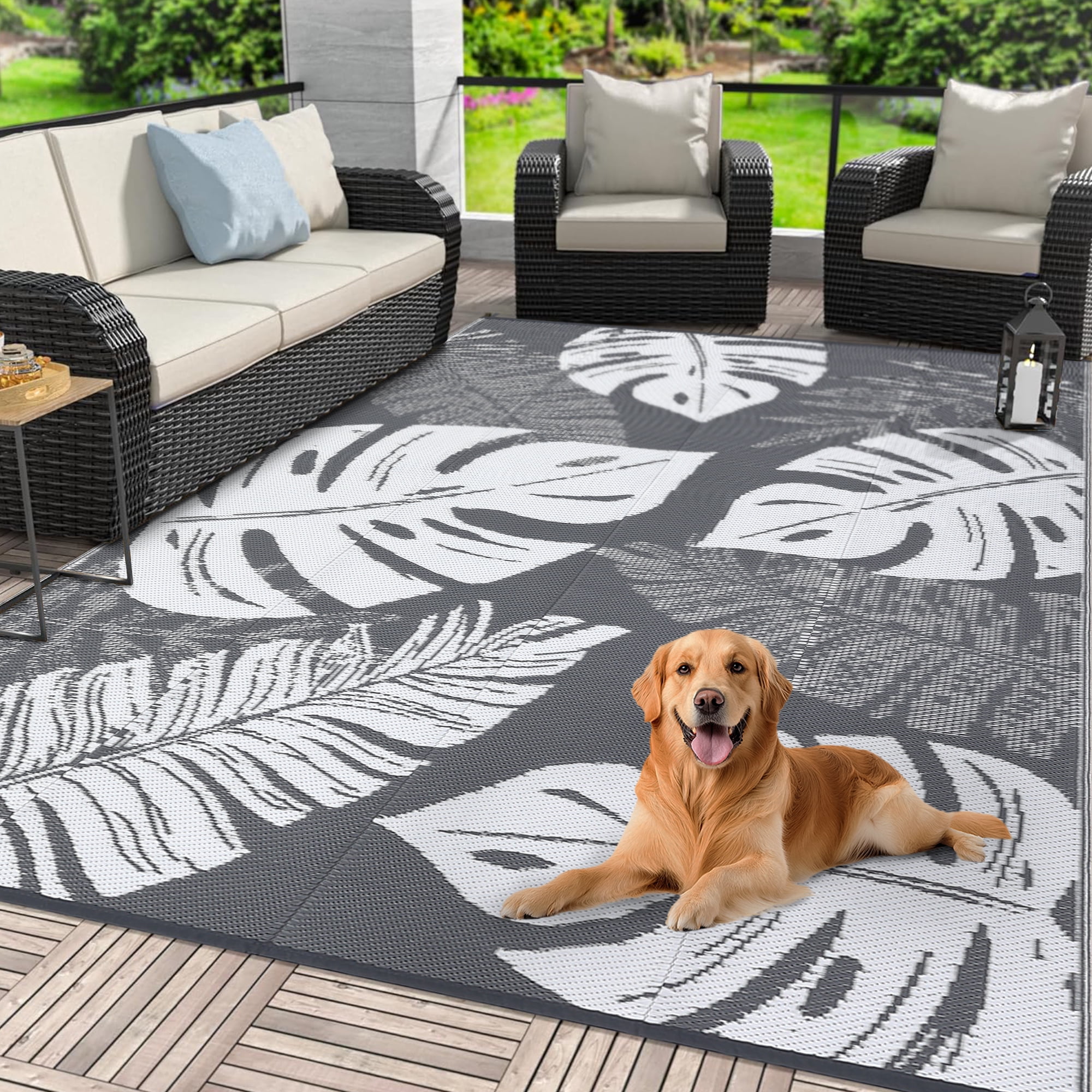 Tzou Waterproof Reversible Outdoor Rug 8 x 10ft Tropical Palm Design, Portable Camping Mat w/Carry Bag & Stakes