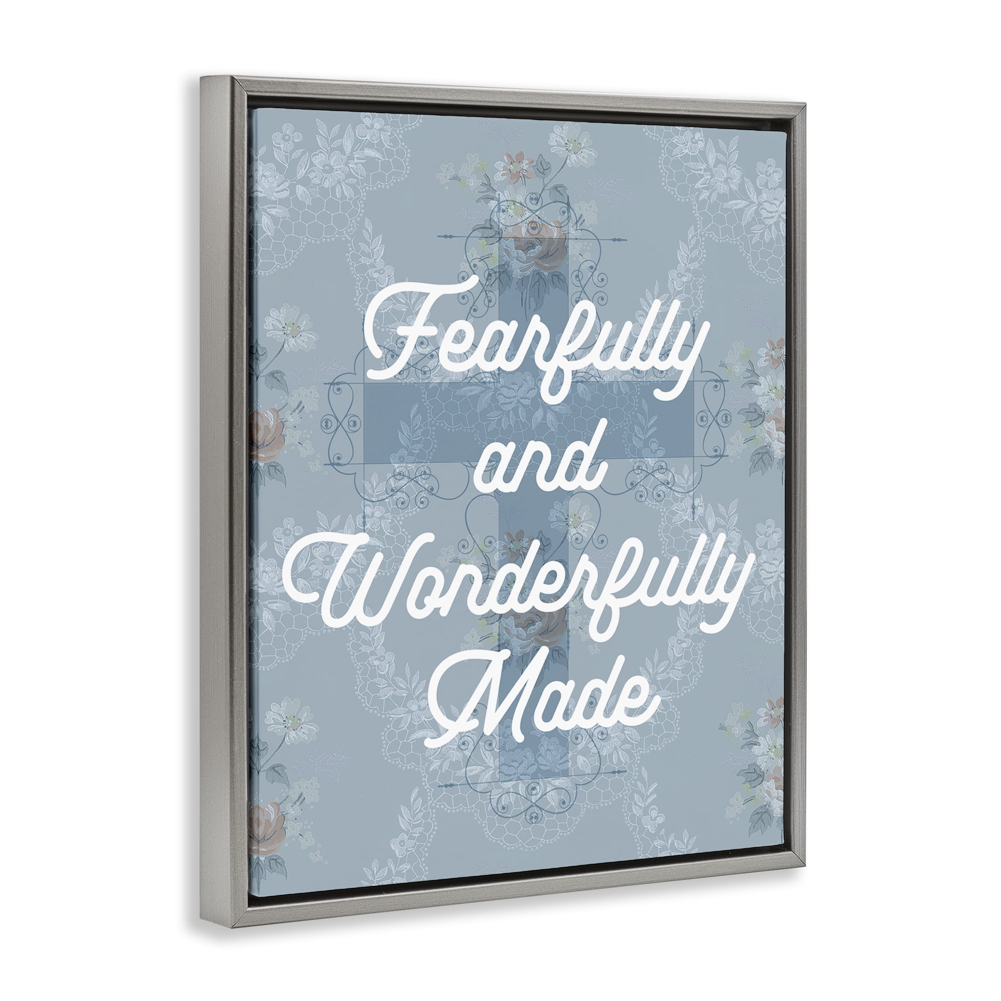 Stupell Industries Wonderfully Made Floral Cross Religious & Spiritual Painting Gray Floater Framed Canvas Art Print Wall Art, 25 x 31