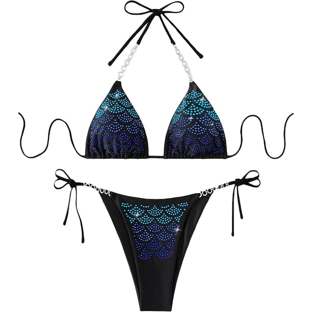 Conjunto de bikini con diamantes de imitación para mujer, traje de baño con cadena de brasier push-up Negro - M Negro - M Xishao ropa