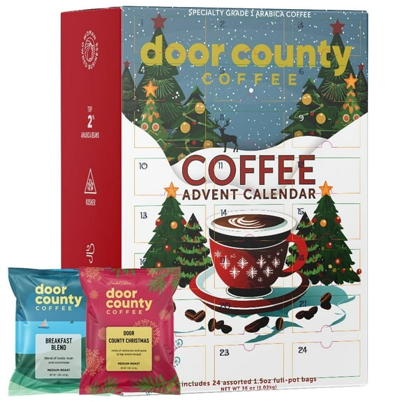 2025 Door County Coffee Christmas Coffee Advent Calendar, 24 Unique Specialty Coffees for the Holiday Season, GROUND, 1.5oz Bags
