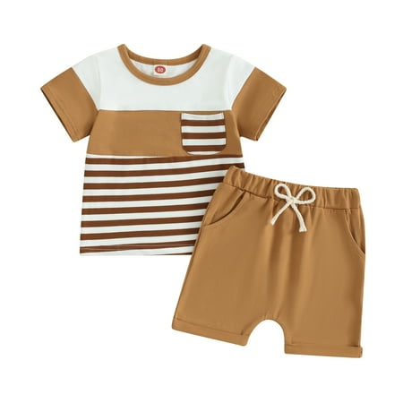 

Musuos 2Pcs Toddler Boy Summer Outfits 6 12 18 24M 3Y Short Sleeve Striped Print T-shirts + Drawstring Shorts Set Casual Clothing for Infant