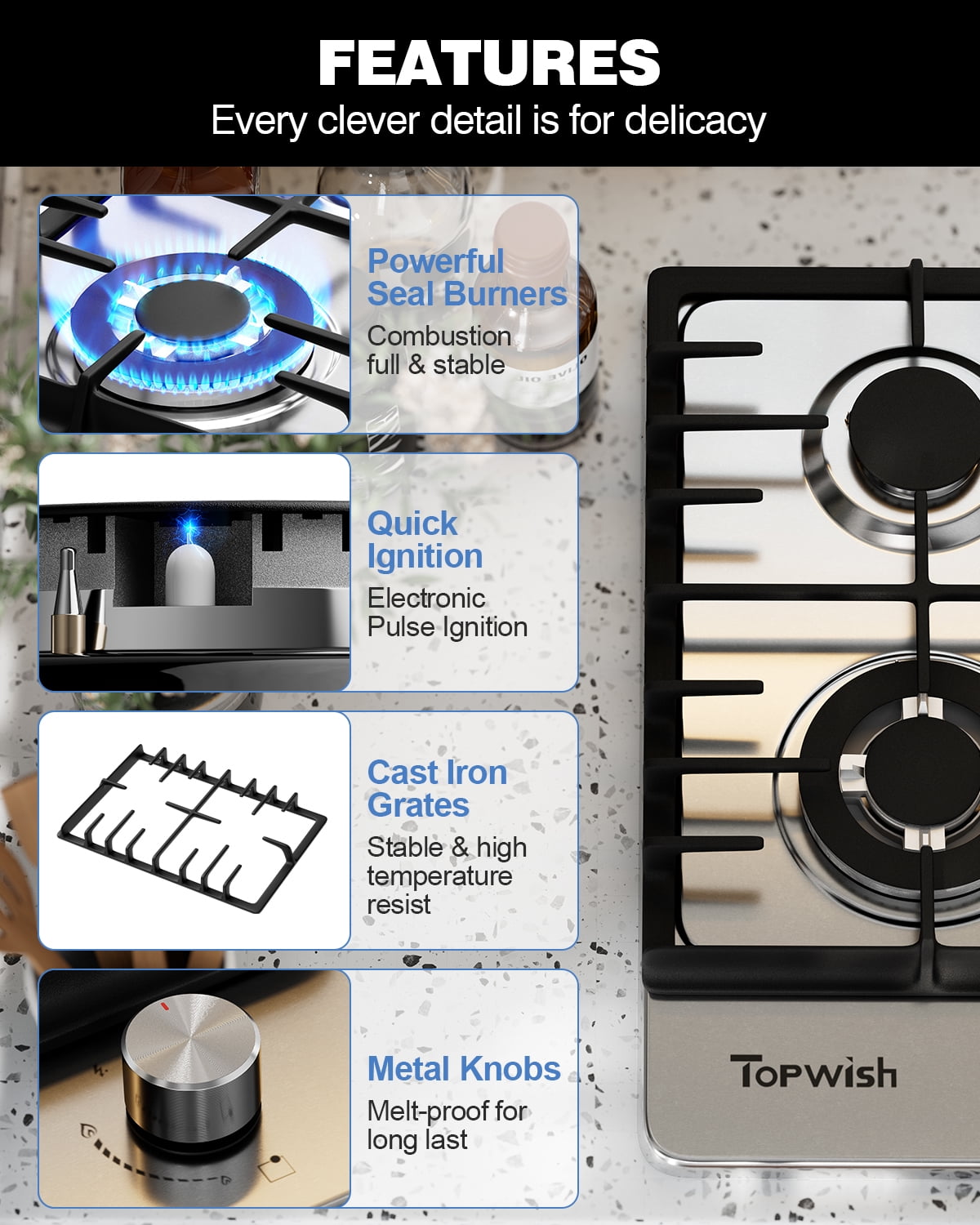 TOPWISH 24" 4-Burner Built-In Gas Cooktop, 27,400 BTU, NG/LP Convertible, 304 Stainless Steel, Thermocouple Flame-Out Protection