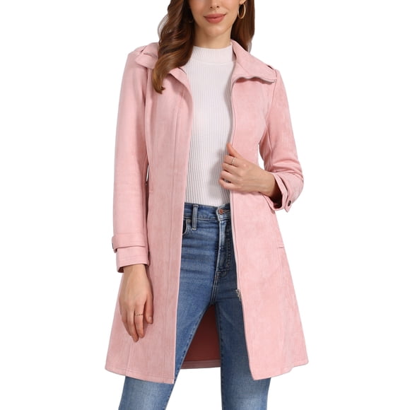 Abrigo de ante sintético INSPIRE CHIC para mujer, chaqueta larga con cinturón y cremallera, diseño a la moda, color rosa