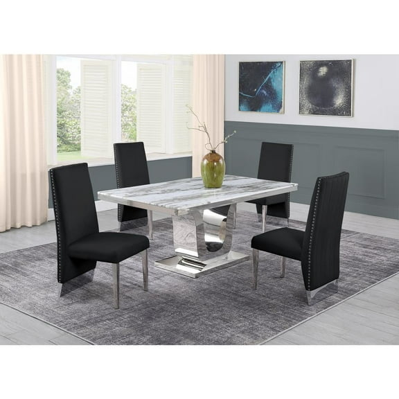 White Marble 5 piece Dining Set with Silver Stainless Steel Base