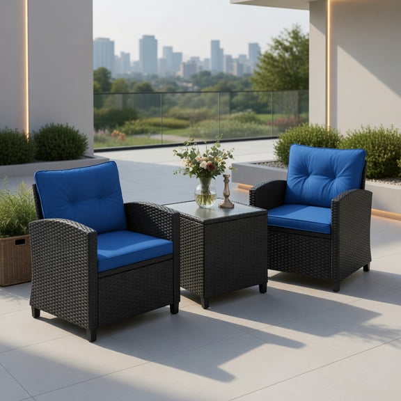 Resenkos 3-Piece Navy Outdoor Patio Furniture Set – PE Rattan Chairs with Tempered Glass Coffee Table, All-Weather Cushions Included