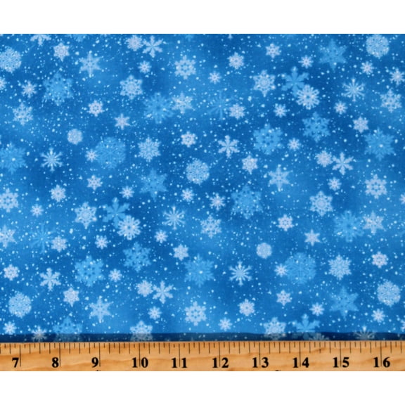 Cotton Snowflakes Winter Flurries Blizzard Snow Blue Cotton Fabric Print by the Yard (532BLUE)