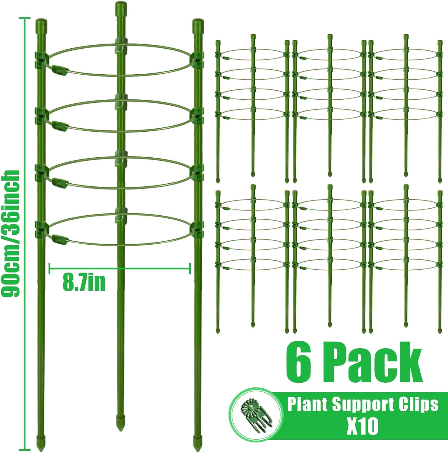 36 Inch 6 Pack Plant Support Cages Tomato Cage for Garden with 10 Plant Clips- Plant Cages Adjustable Rings, Tomato Plant Support Stakes Trellis for Pots, Peppers, Cucumbers and Flowers