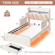 Twin Size Upholstered Bed with Storage Drawer and LED Light,Twin Bed Frame with Safety Guardrails and Chic Wavy Headboard,Velvet Princess Bed with Charging Station,Heavy Duty Metal Support,Beige