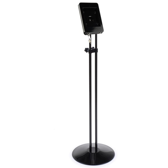 Displays2go Mini iPad Stand with Floor Mount, Aluminum, Adjustable Height, Black (IPKTMFSTBK)