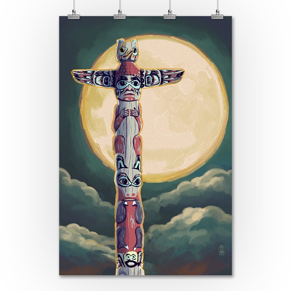 Totem Pole & Full Moon - Lantern Press Artwork (36x54 Giclee Gallery ...