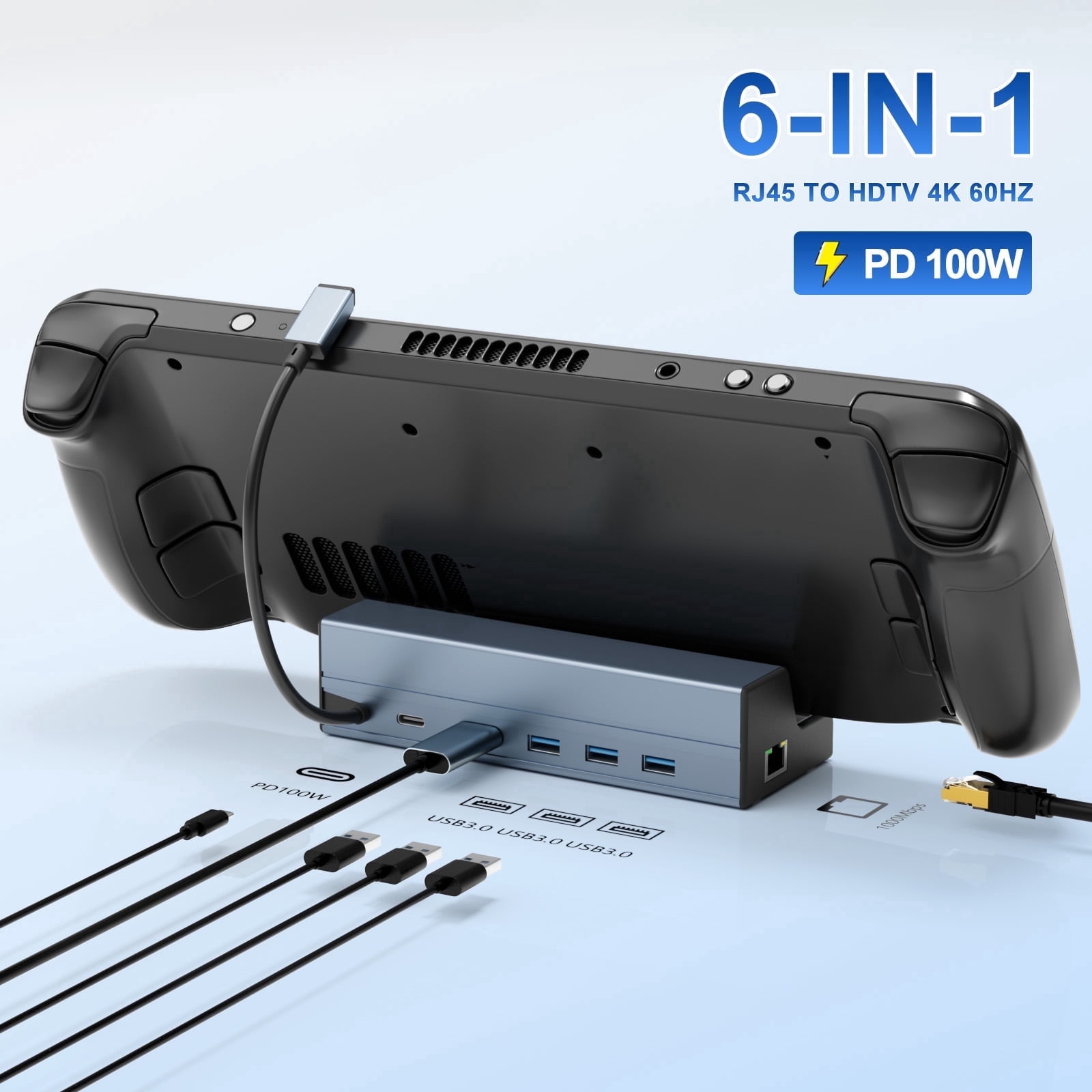 6 in 1 Docking Station For Steam Deck, 4K@60Hz HDMI TV Out, Gigabit Ethernet, 3 USB 3.0 Ports, 100W USB-C PD Input, Aluminum Stand