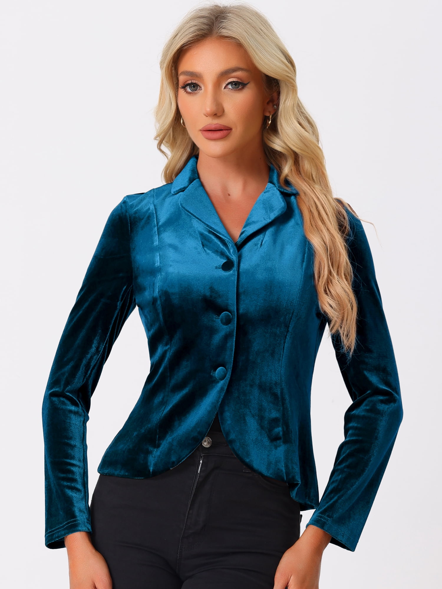 DARING DIVA Women's Notched Lapel Long Sleeve Office Velvet Blazer M Lake Blue