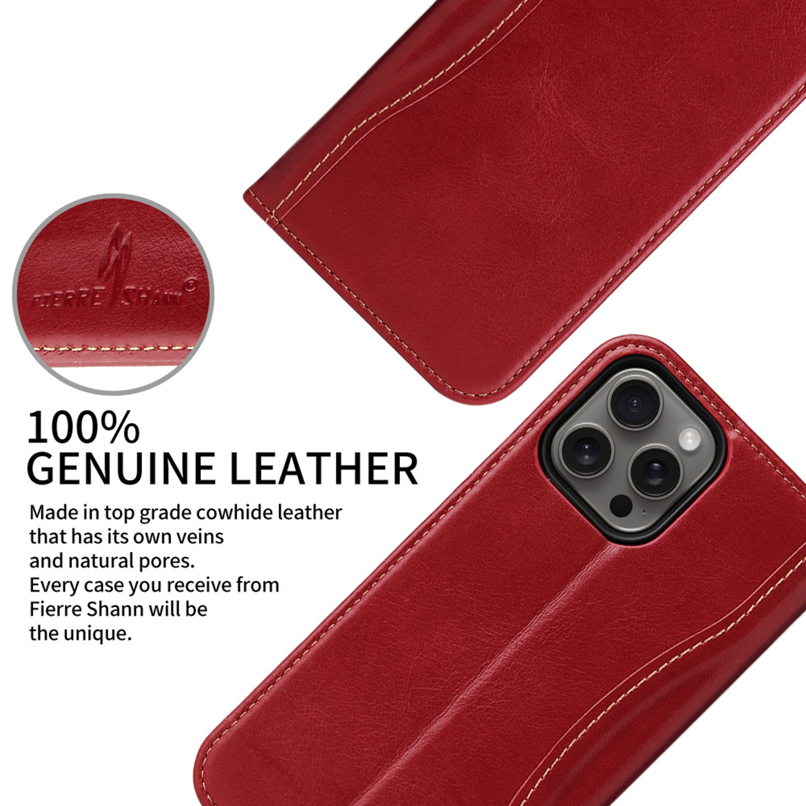 ShellTech for iPhone 16 Pro Leather Wallet Case,Luxury Genuine Vintage Leather [Slim and Durable] with Card Slot & Kickstand [Magnetic Closure] Flip Folio Case,Red