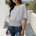 thumbnail image 3 of Craaazy Women's Oversized Solid Color Short Sleeve T-Shirt Loose Fit Elastic Smocked Hem Round Neck Casual Daily Wear Top Gifts, 3 of 6