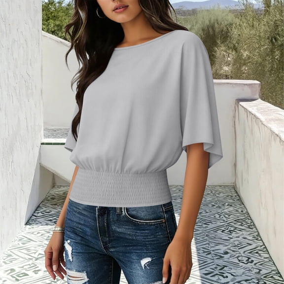 Fashion Smocked Waist Blouse for Women Boat Neck Batwing Short Sleeve Pleated Tunic Top Stretchy Hem Casual Loose Fit Elegant Summer Party Shirt